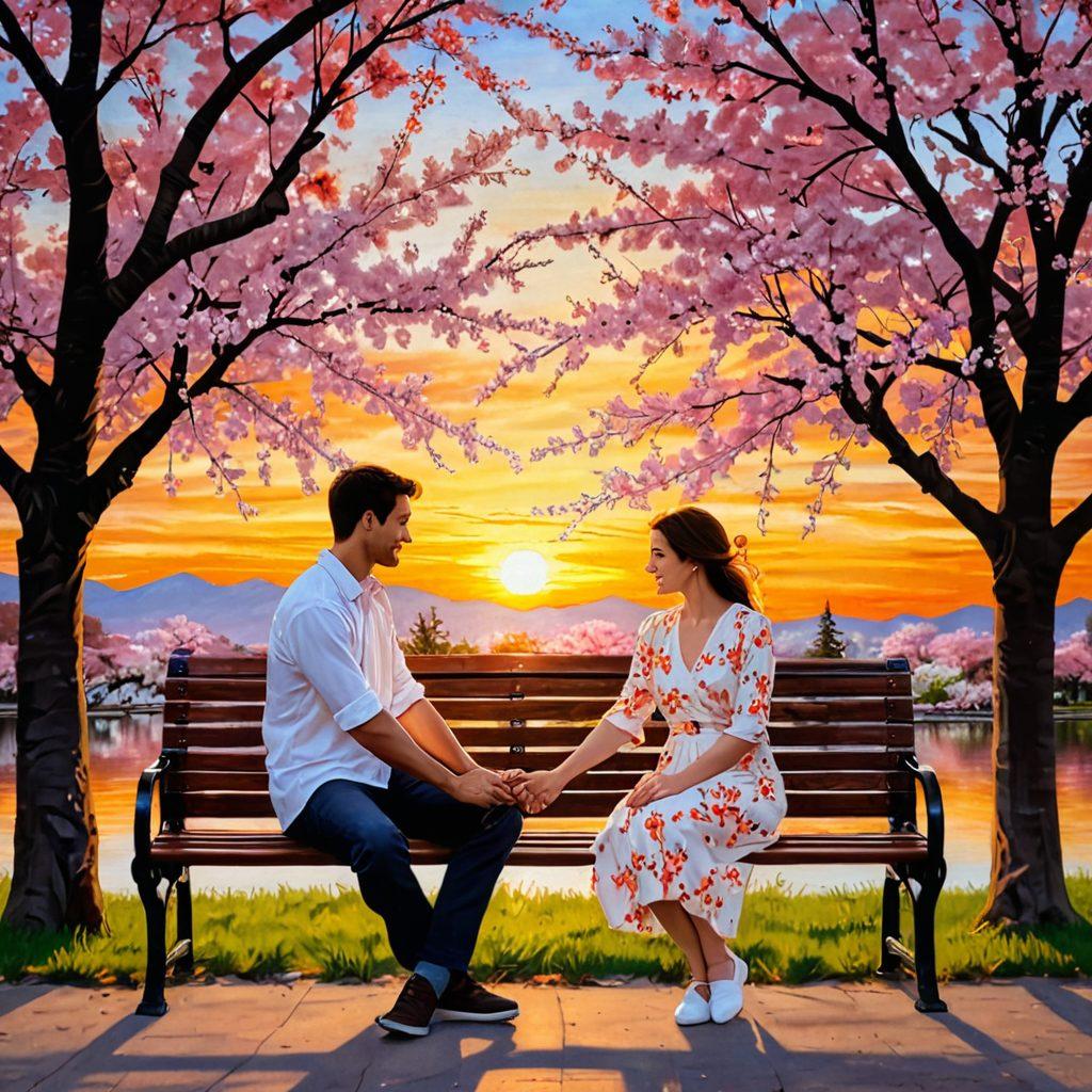 A couple sitting on a park bench under a blooming cherry blossom tree, holding hands and gazing into each other's eyes, surrounded by a warm sunset glow. Their faces radiate happiness and deep connection, with subtle details like intertwined fingers and soft, affectionate smiles. vibrant colors. romantic painting style.