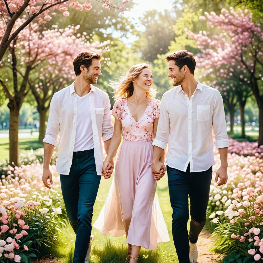 A romantic scene with a couple holding hands and laughing in a beautiful park filled with blossoming flowers, soft sunlight illuminating their faces, and pink petals floating in the air. Include soft, dreamy colors to evoke a sense of love and connection. painting style, vibrant colors, soft focus, ethereal atmosphere.