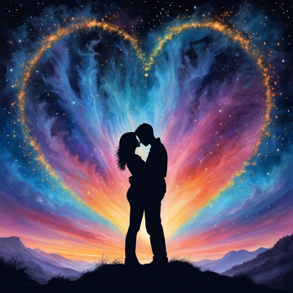 A warm and intimate scene of a couple embracing under a starlit sky, their silhouettes blending into a heart shape, with gentle waves of light symbolizing their deep connection. There should be subtle, glowing wisps surrounding them, enhancing the atmosphere of love and togetherness. painting. vibrant colors. dreamy background.